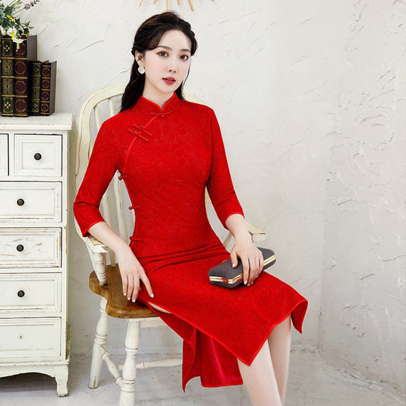 Beth and Brian Qipao-QXF Floral pattern, wedding lace mid-length Cheongsam
