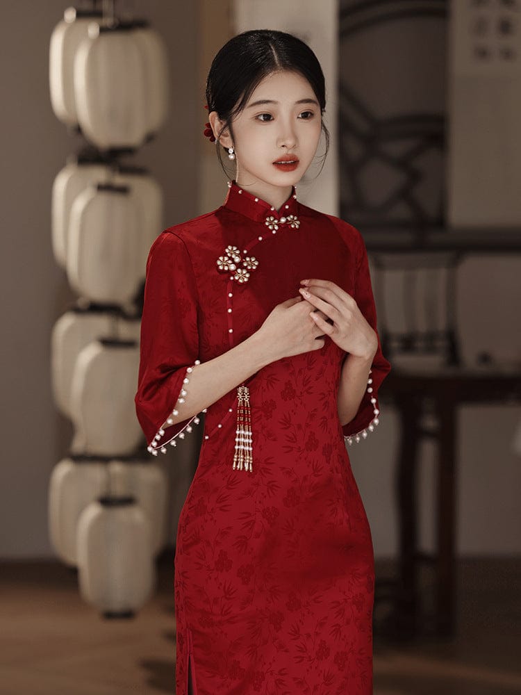 Beth and Brian Qipao-LSB Floral pattern, jacquard fabric, wedding midi Cheongsam