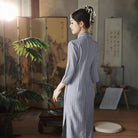 Beth and Brian Qipao-HQJ Stripe pattern, cotton mid-length Cheongsam