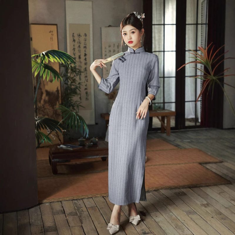 Beth and Brian Qipao-HQJ Stripe pattern, cotton mid-length Cheongsam