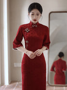 Beth and Brian Qipao-LSB Floral pattern, jacquard fabric, wedding midi Cheongsam