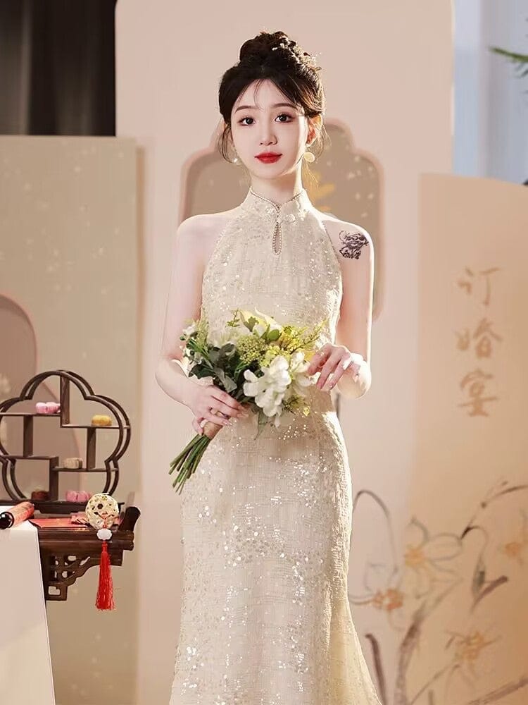 Beth and Brian Qipao-YHY Sleeveless, New Chinese style (新中式), beige midi Cheongsam