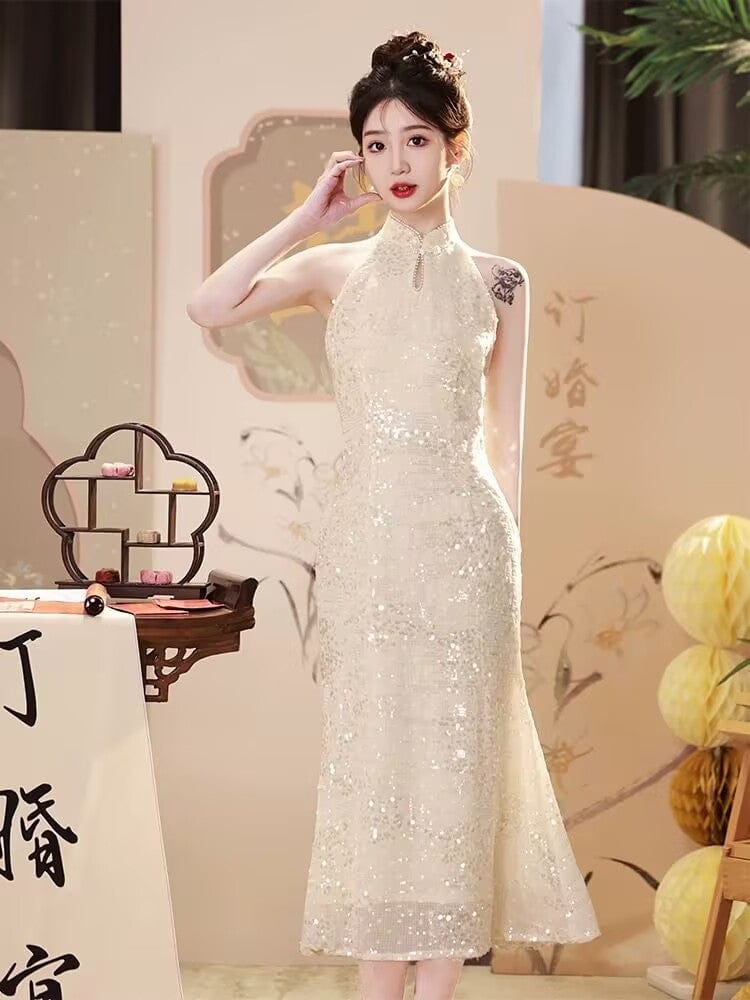 Beth and Brian Qipao-YHY Sleeveless, New Chinese style (新中式), beige midi Cheongsam
