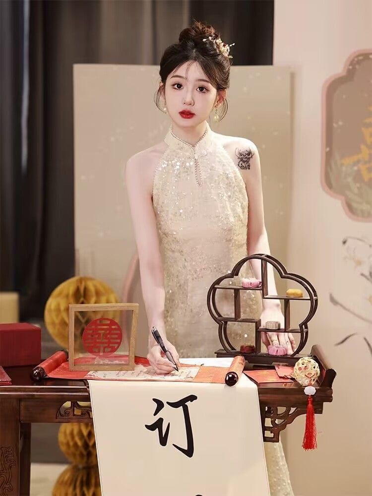 Beth and Brian Qipao-YHY Sleeveless, New Chinese style (新中式), beige midi Cheongsam