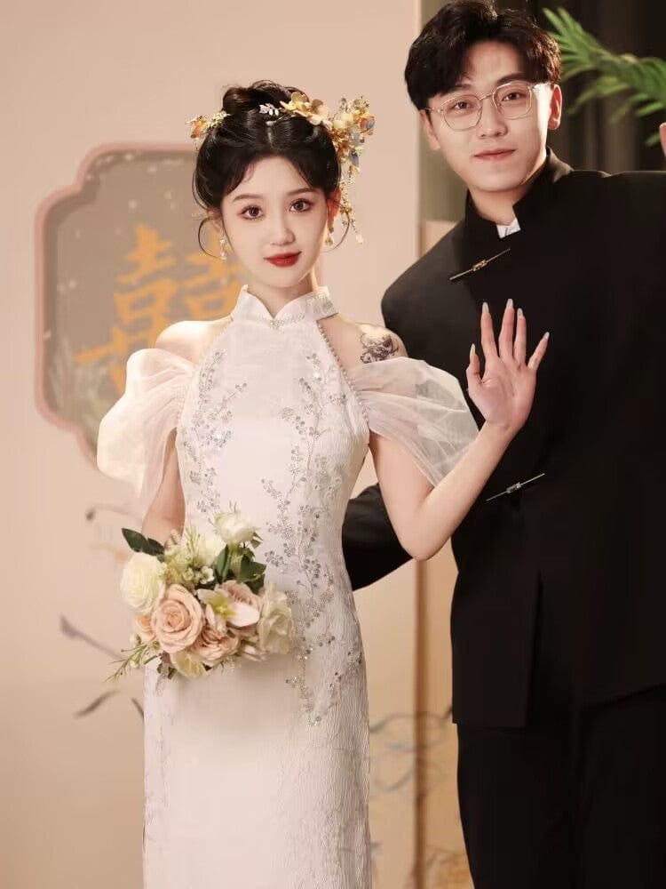 Beth and Brian Qipao-WX Halter, floral pattern, wedding midi Cheongsam