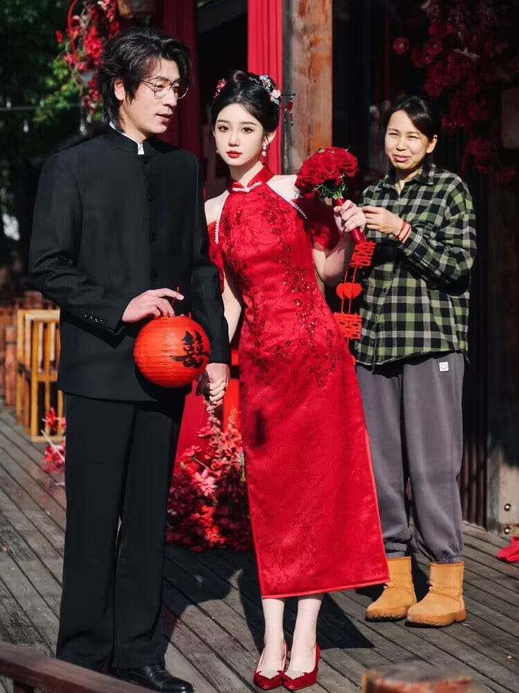 Beth and Brian Qipao-WX Halter, floral pattern, wedding midi Cheongsam