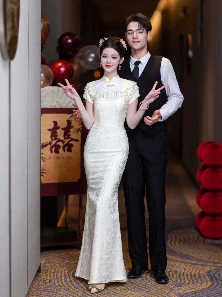 Beth and Brian Qipao-WX Jacquard satin, floral pattern, mermaid long Cheongsam