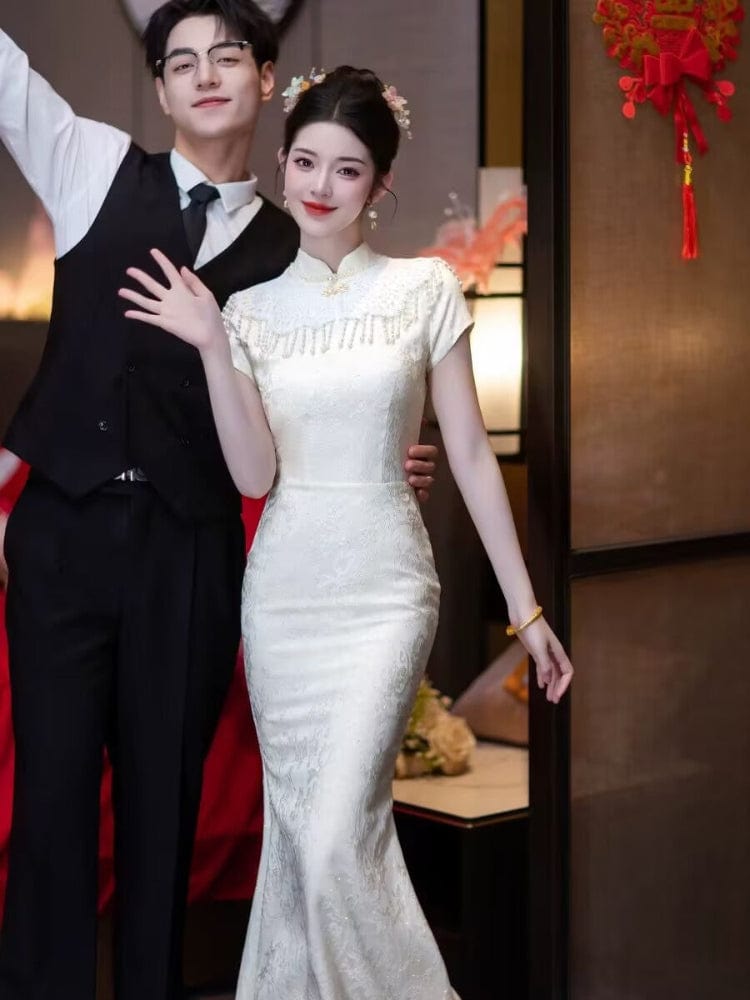 Beth and Brian Qipao-WX Jacquard satin, floral pattern, mermaid long Cheongsam