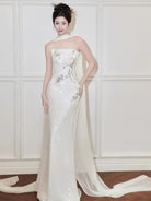 Beth and Brian Qipao-MYP Tube top, New Chinese style (新中式) white long Cheongsam