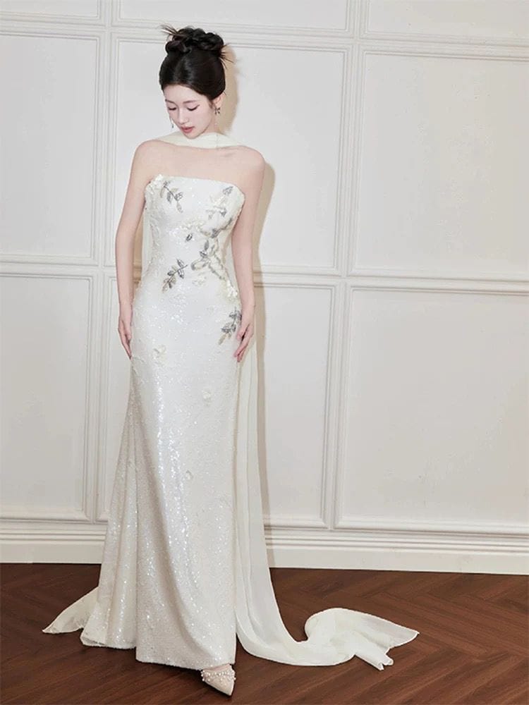 Beth and Brian Qipao-MYP Tube top, New Chinese style (新中式) white long Cheongsam