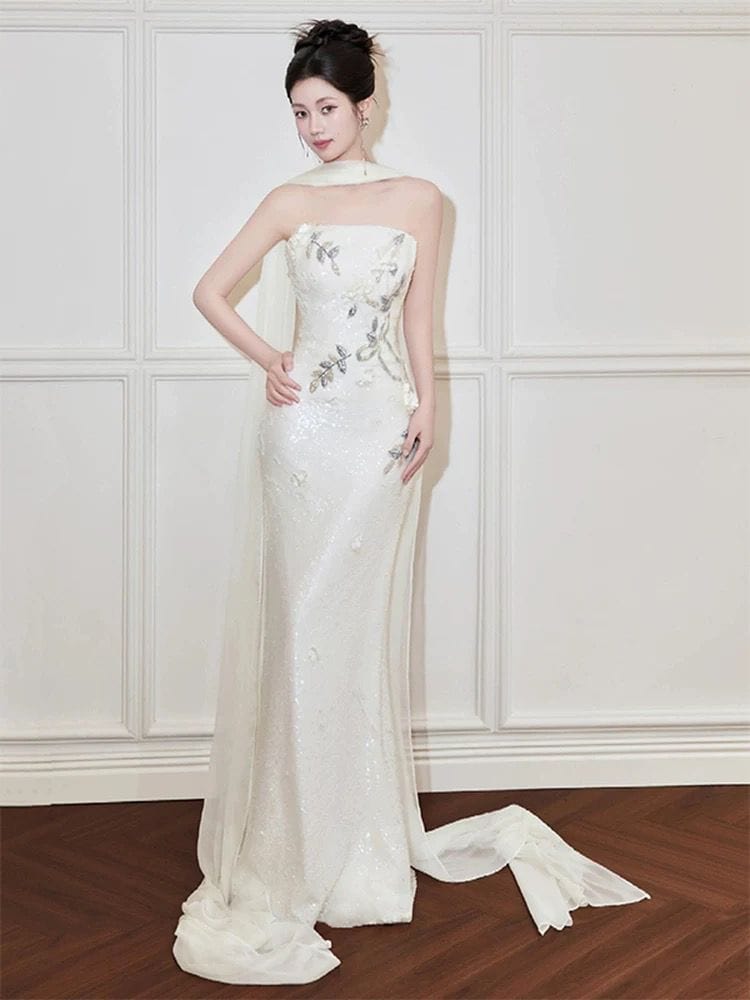 Beth and Brian Qipao-MYP Tube top, New Chinese style (新中式) white long Cheongsam