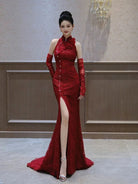 Beth and Brian Qipao-MW Backless, floral pattern, wedding fishtail Cheongsam