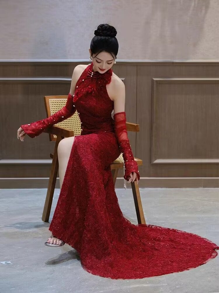 Beth and Brian Qipao-MW Backless, floral pattern, wedding fishtail Cheongsam