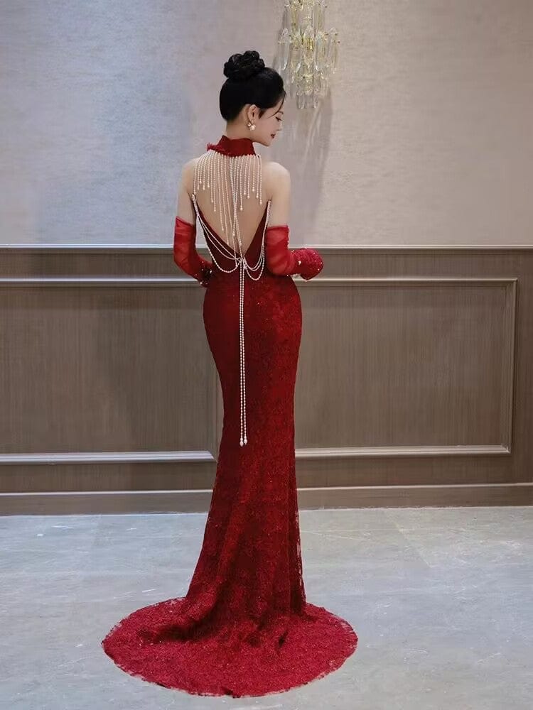 Beth and Brian Qipao-MW Backless, floral pattern, wedding fishtail Cheongsam