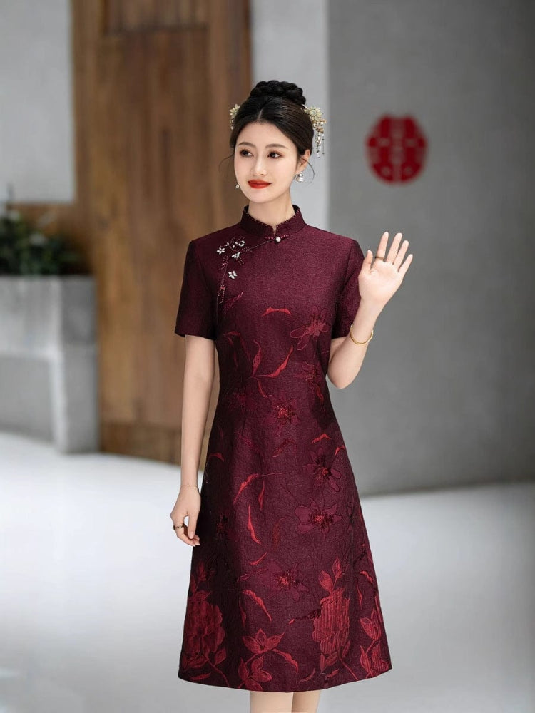 Beth and Brian Qipao-DL Floral embroidery, wedding midi A line Cheongsam