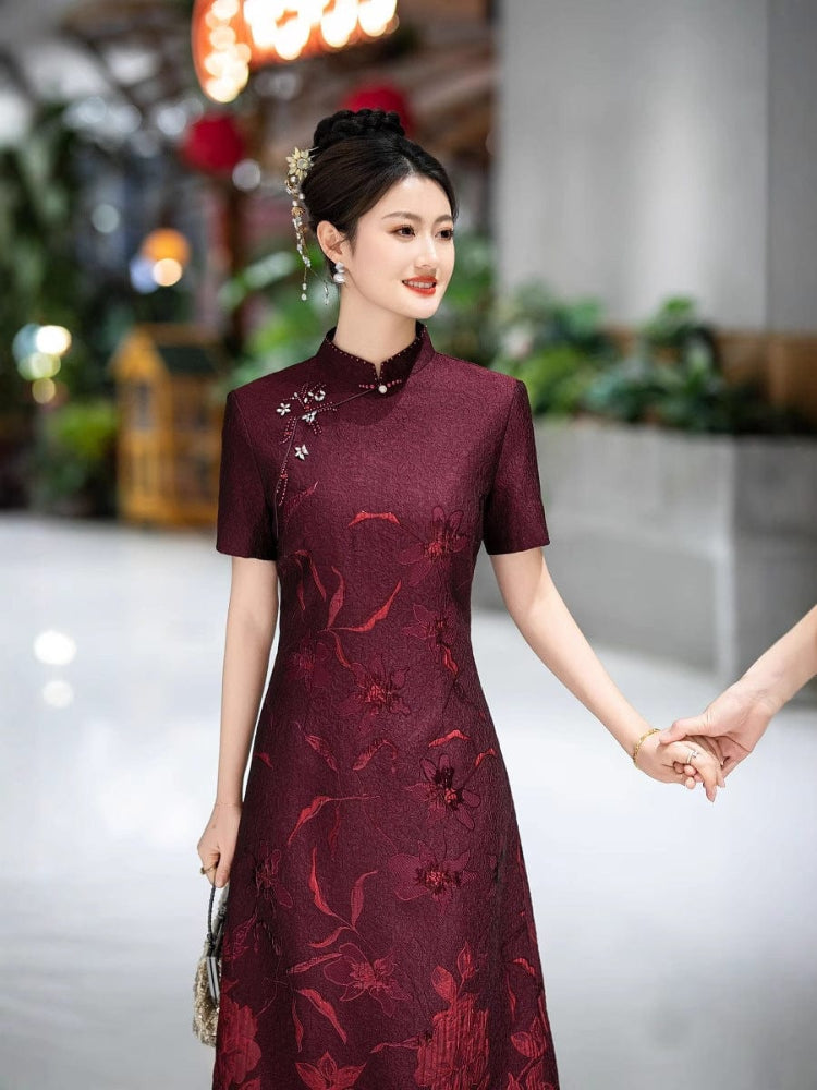 Beth and Brian Qipao-DL Floral embroidery, wedding midi A line Cheongsam