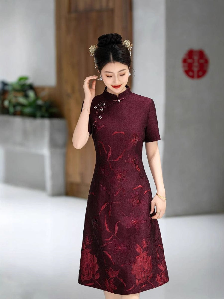 Beth and Brian Qipao-DL Floral embroidery, wedding midi A line Cheongsam
