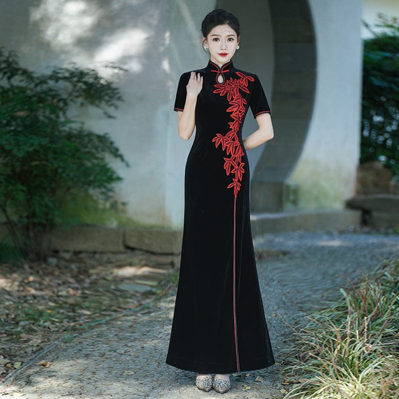 Beth and Brian Qipao-LMO Plus size, leaf embroidery, water-drop collar prom long Qipao