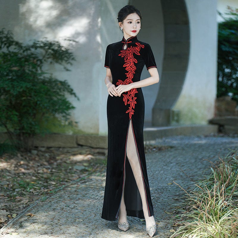 Beth and Brian Qipao-LMO Plus size, leaf embroidery, water-drop collar prom long Qipao