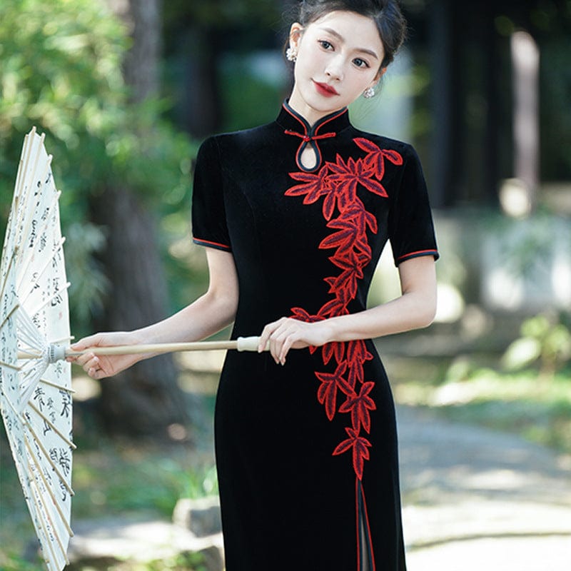 Beth and Brian Qipao-LMO Plus size, leaf embroidery, water-drop collar prom long Qipao