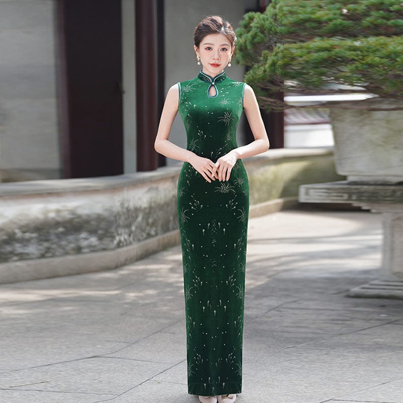 Beth and Brian Qipao-LMO Sleeveless, water-drop collar, velvet long Cheongsam