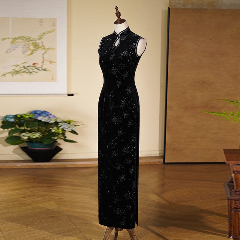 Beth and Brian Qipao-LMO Sleeveless, water-drop collar, velvet long Cheongsam