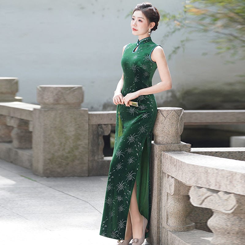 Beth and Brian Qipao-LMO Sleeveless, water-drop collar, velvet long Cheongsam