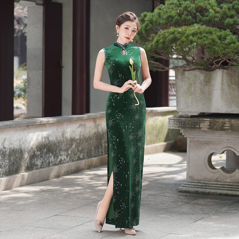 Beth and Brian Qipao-LMO Sleeveless, water-drop collar, velvet long Cheongsam