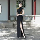 Beth and Brian Qipao-LMO Floral pattern, Chinese prom long Cheongsam with cap sleeves