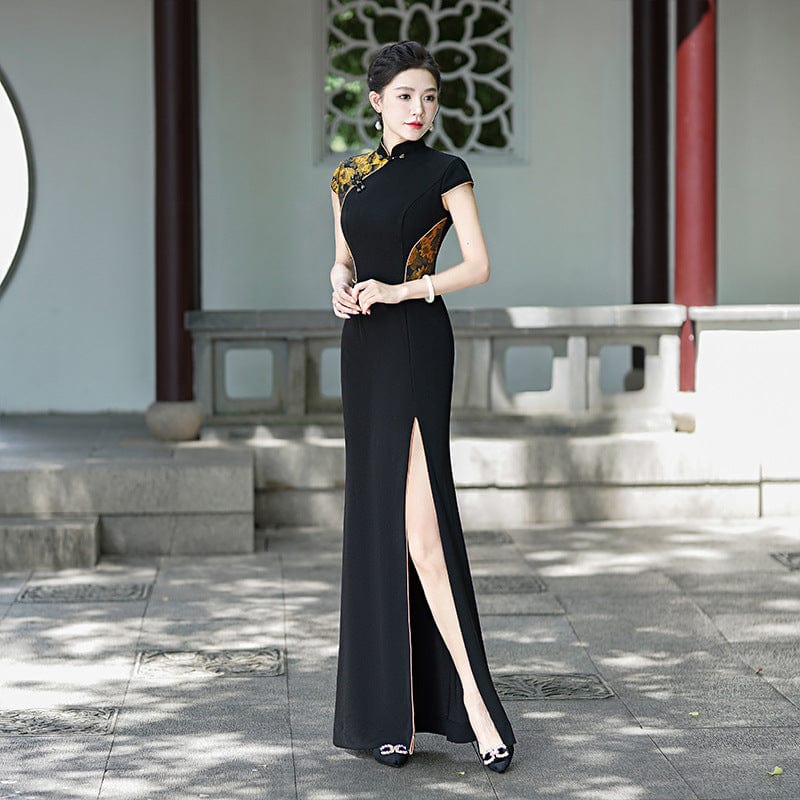 Beth and Brian Qipao-LMO Floral pattern, Chinese prom long Cheongsam with cap sleeves