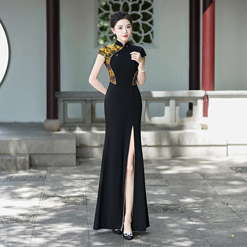 Beth and Brian Qipao-LMO Floral pattern, Chinese prom long Cheongsam with cap sleeves