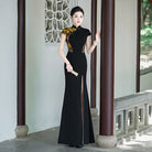 Beth and Brian Qipao-LMO Floral pattern, Chinese prom long Cheongsam with cap sleeves