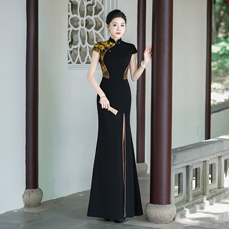 Beth and Brian Qipao-LMO Floral pattern, Chinese prom long Cheongsam with cap sleeves
