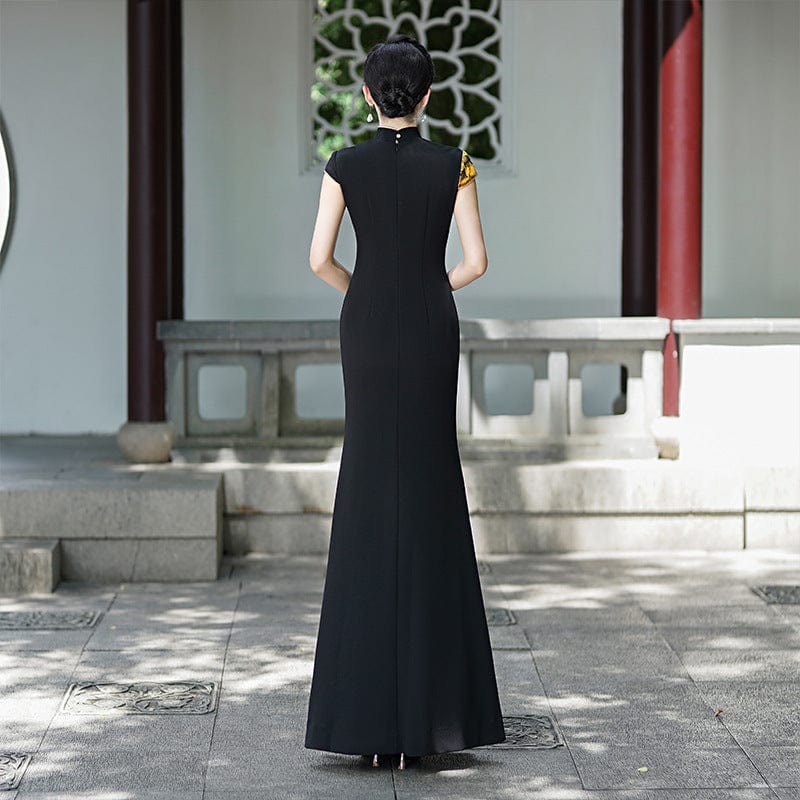 Beth and Brian Qipao-LMO Floral pattern, Chinese prom long Cheongsam with cap sleeves