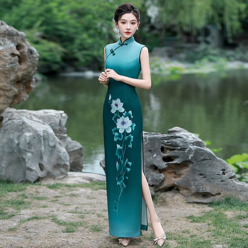 Beth and Brian Qipao-YD Sleeveless, floral pattern, long plus size Cheongsam for mothers