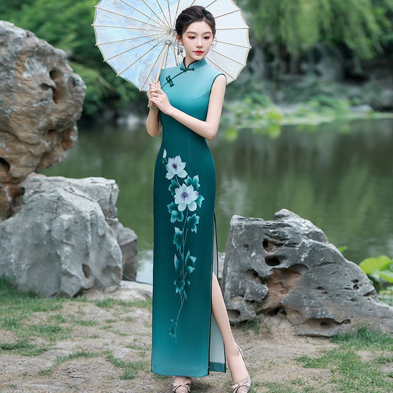 Beth and Brian Qipao-YD Sleeveless, floral pattern, long plus size Cheongsam for mothers