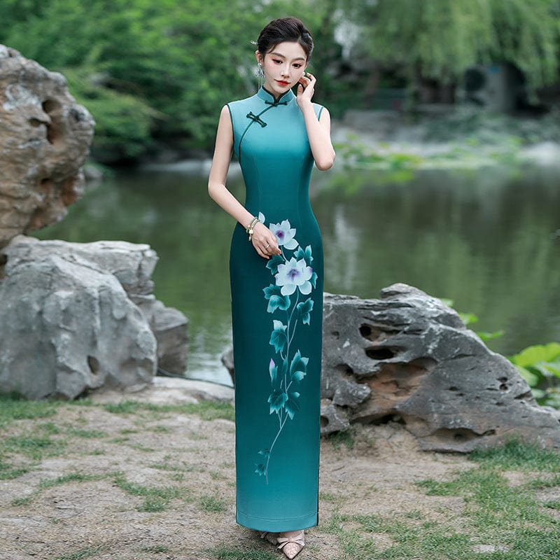 Beth and Brian Qipao-YD Sleeveless, floral pattern, long plus size Cheongsam for mothers