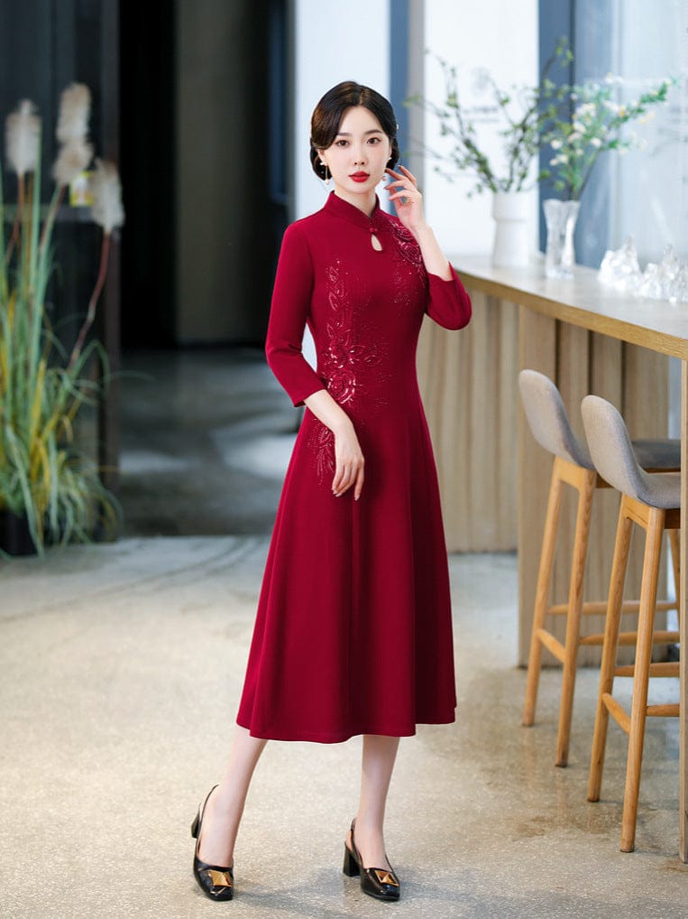 Beth and Brian Qipao-DL Plus size, water drop collar midi Cheongsam for mother