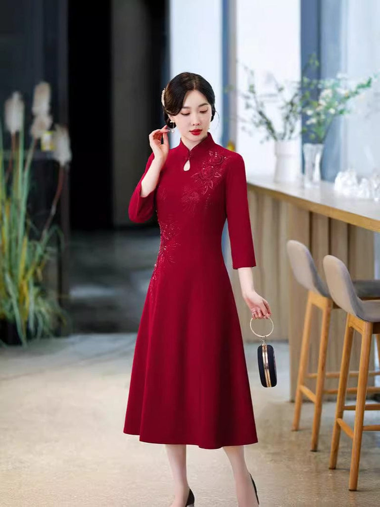 Beth and Brian Qipao-DL Plus size, water drop collar midi Cheongsam for mother
