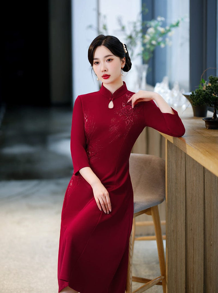 Beth and Brian Qipao-DL Plus size, water drop collar midi Cheongsam for mother