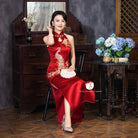 Beth and Brian Qipao - YB Exclusive designer collection, peacock embroidery, halter long Qipao