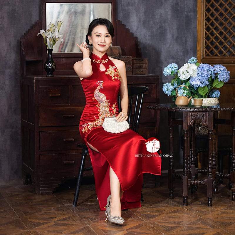 Beth and Brian Qipao - YB Exclusive designer collection, peacock embroidery, halter long Qipao