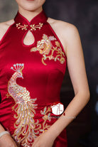 Beth and Brian Qipao - YB Exclusive designer collection, peacock embroidery, halter long Qipao