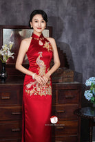 Beth and Brian Qipao - YB Exclusive designer collection, peacock embroidery, halter long Qipao