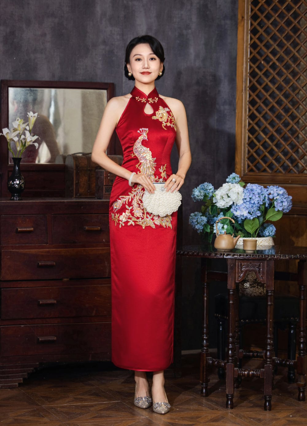 Beth and Brian Qipao - YB Exclusive designer collection, peacock embroidery, halter long Qipao