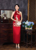 Beth and Brian Qipao - YB Exclusive designer collection, peacock embroidery, halter long Qipao