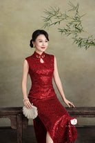Beth and Brian Qipao - YB Exclusive designer collection, sequins red long Qipao