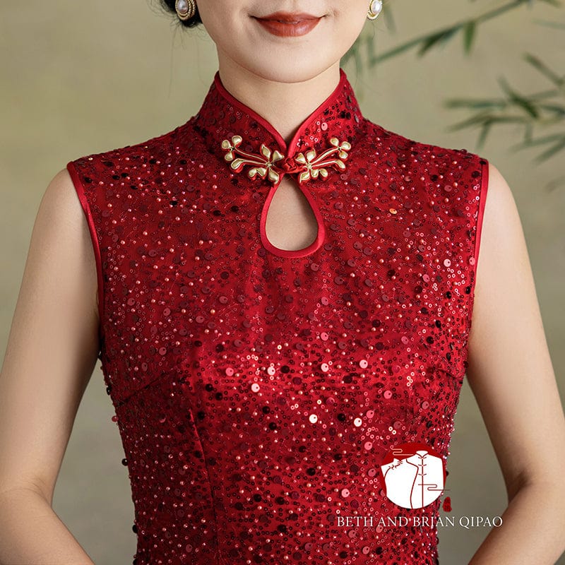 Beth and Brian Qipao - YB Exclusive designer collection, sequins red long Qipao