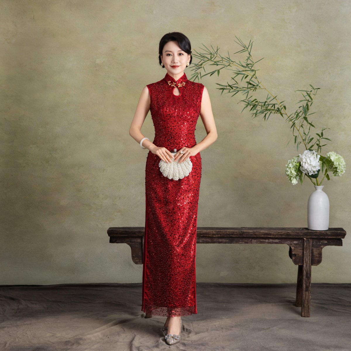 Beth and Brian Qipao - YB Exclusive designer collection, sequins red long Qipao