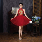 Beth and Brian Qipao - Exclusive Exclusive designer collection, gold floral embroidery short Qipao